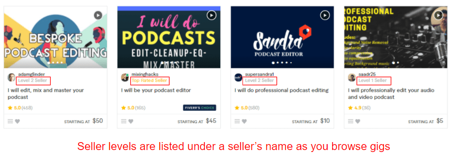Fiverr profiles with Level ratings