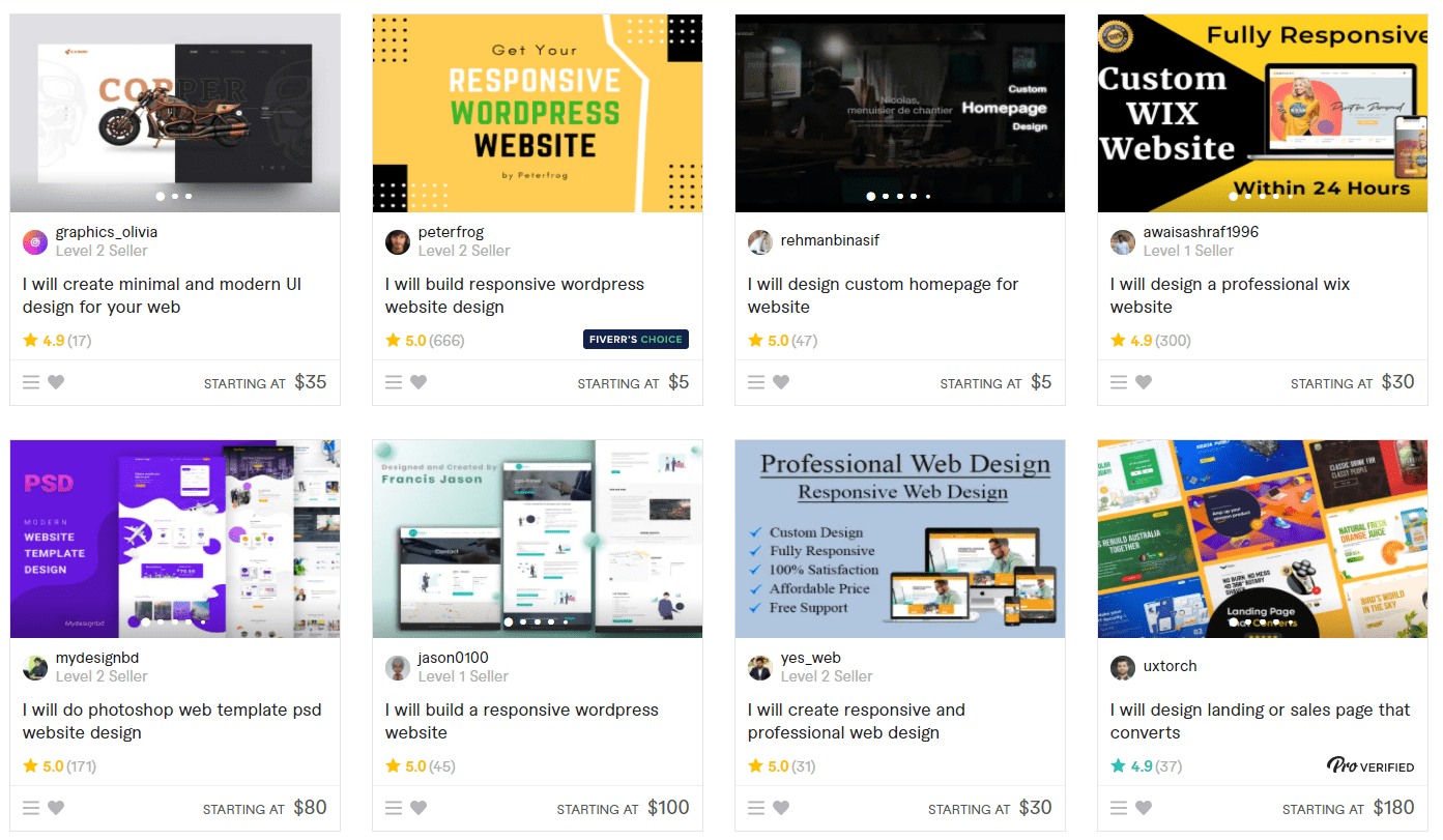 Fiverr web design gig listings