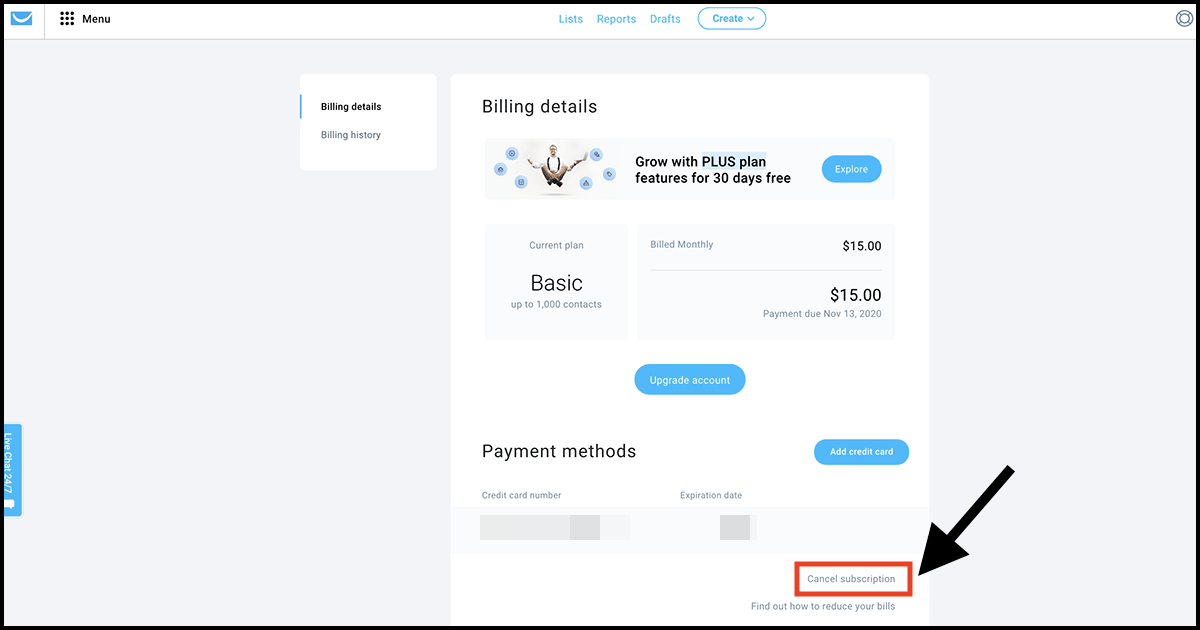 GetResponse billing page