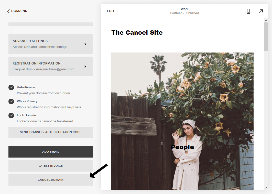 The cancel domain button