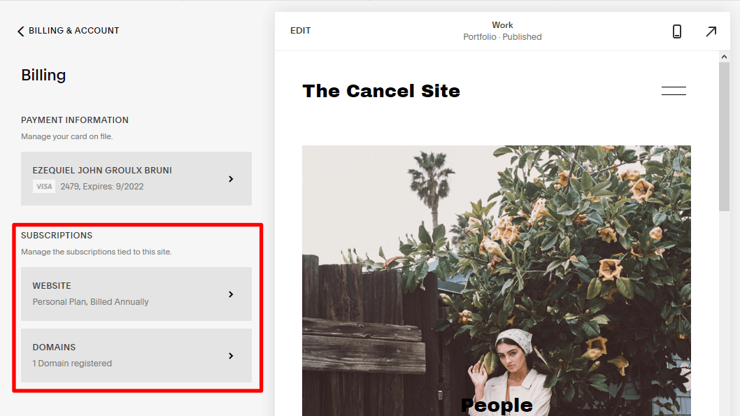 the site subscriptions menu