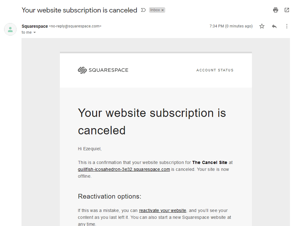 the cancellation confirmation email