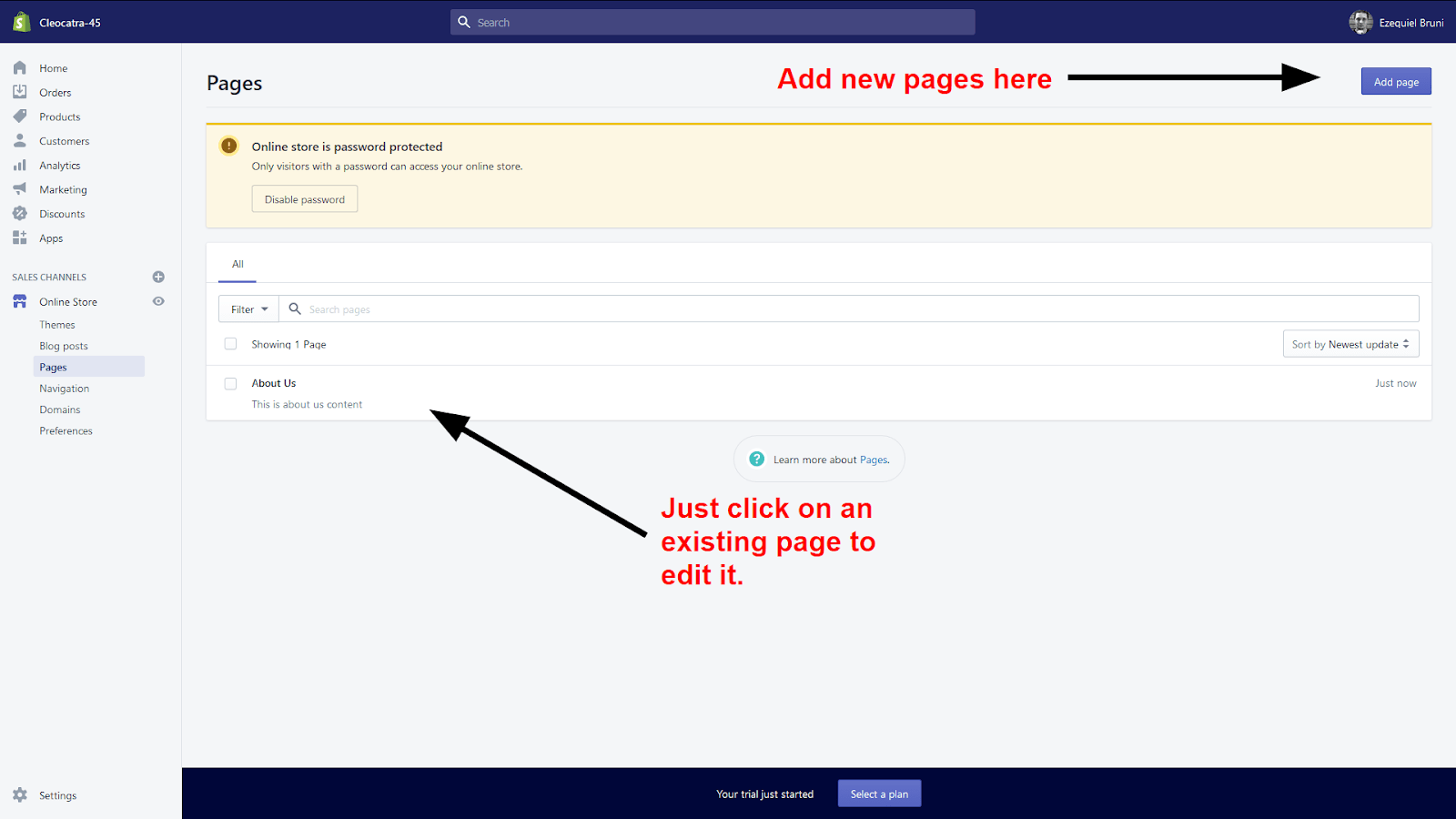 Page management screen