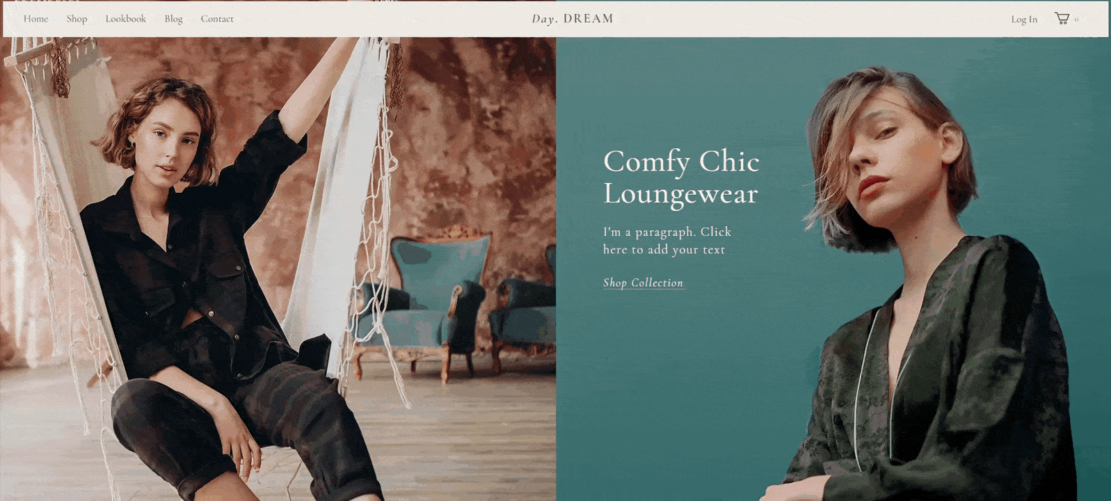 The home page of Wix's Loungewear store template