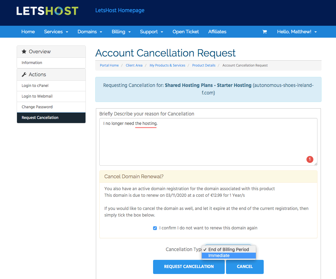 Cancelling account with LetsHost