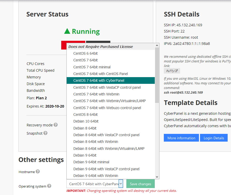 VPS operating system switcher