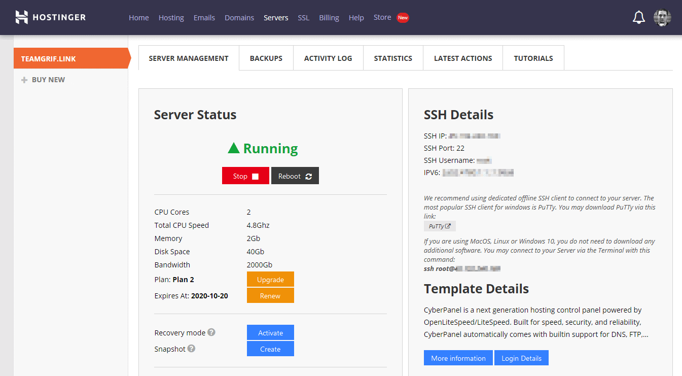 The Hostinger server management UI