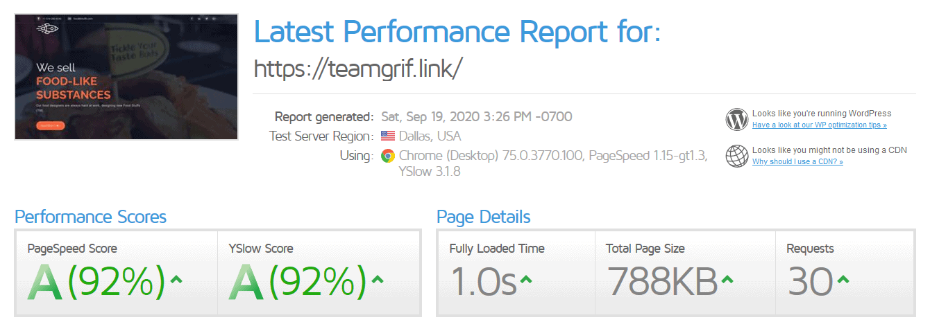 Hostinger GTmetrix test results