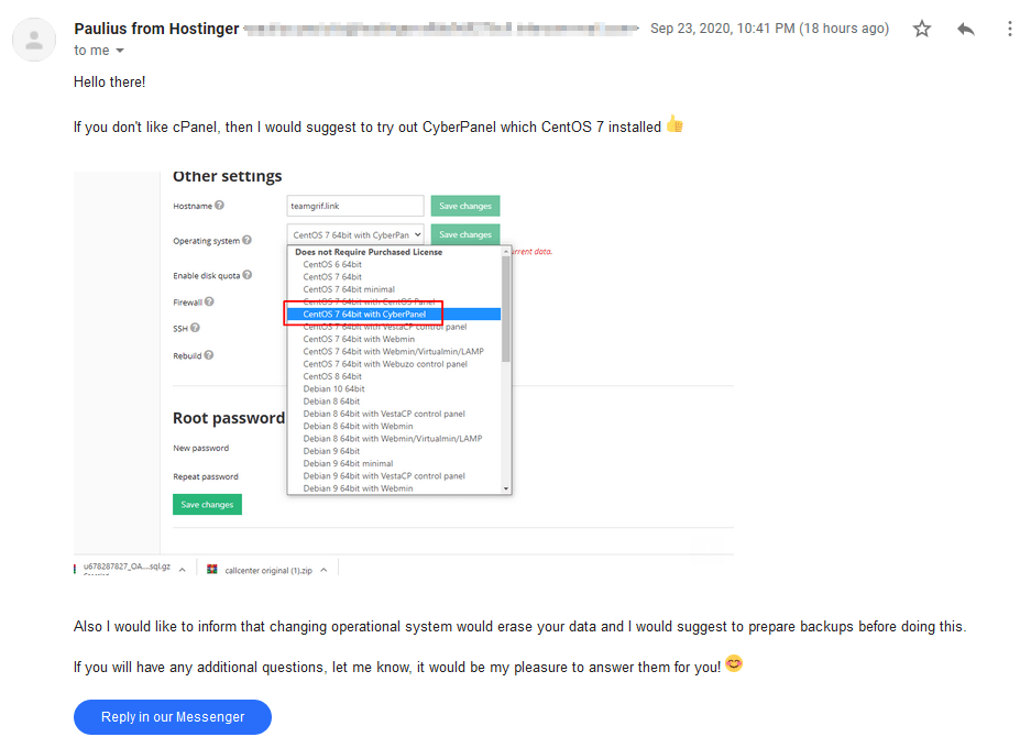 email from Hostinger support