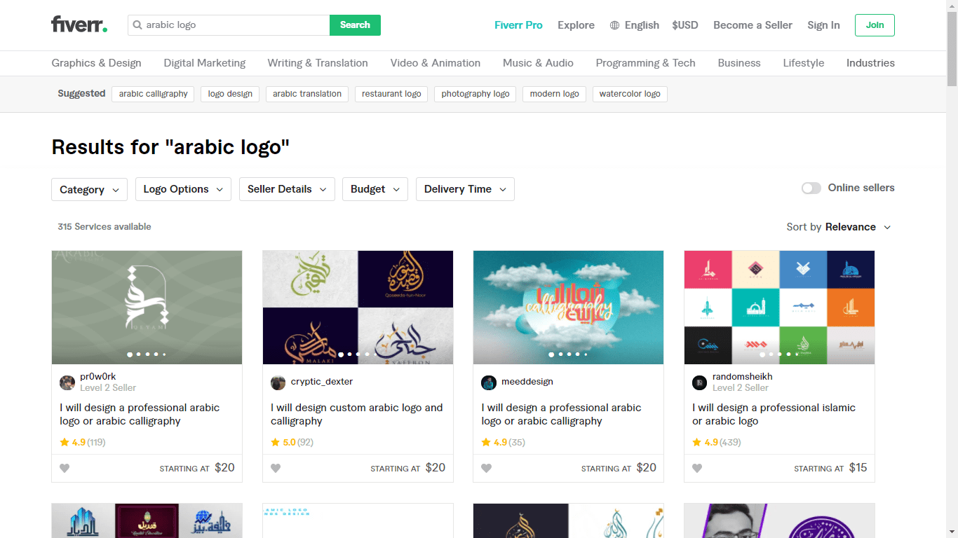 Fiverr screenshot - arabic logo designers