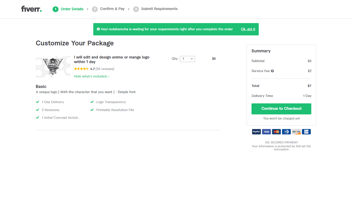 Fiverr screenshot - Continue to Checkout