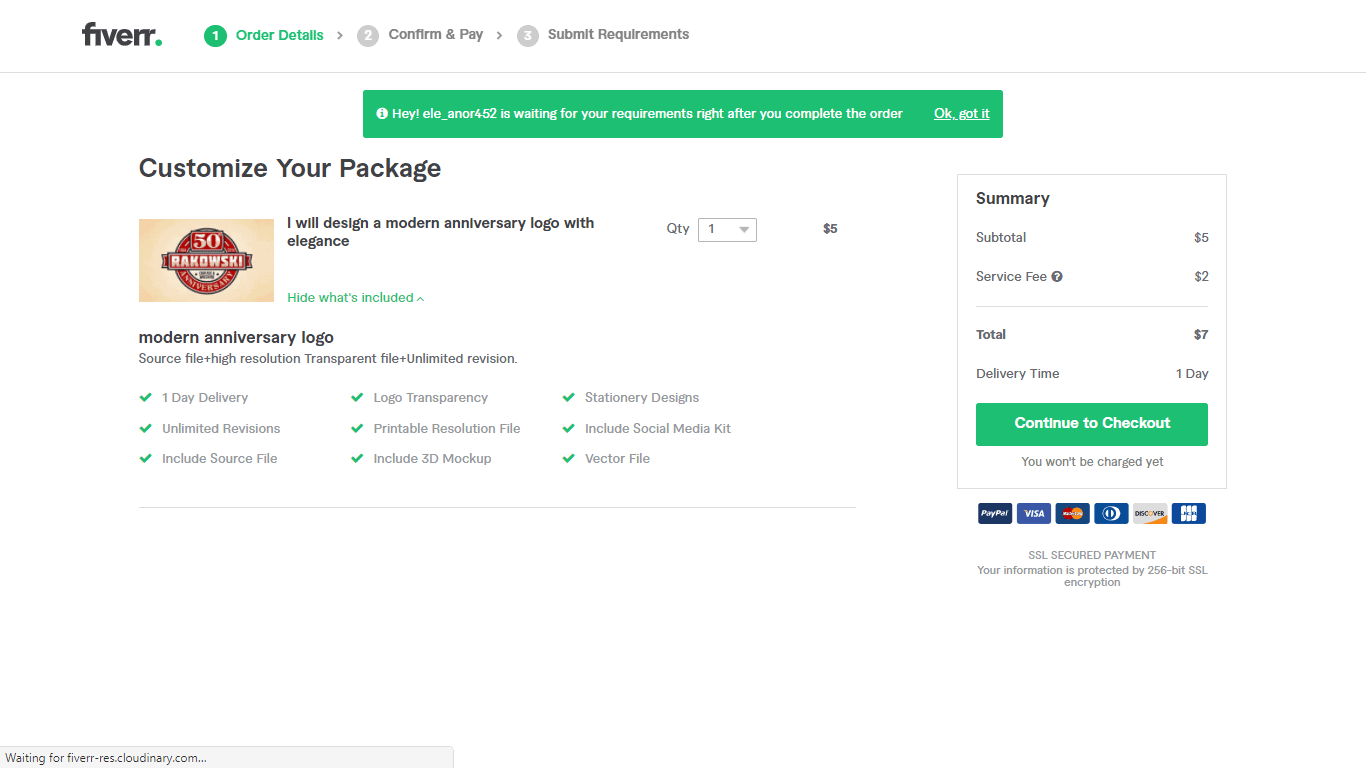 Fiverr screenshot - Continue to Checkout