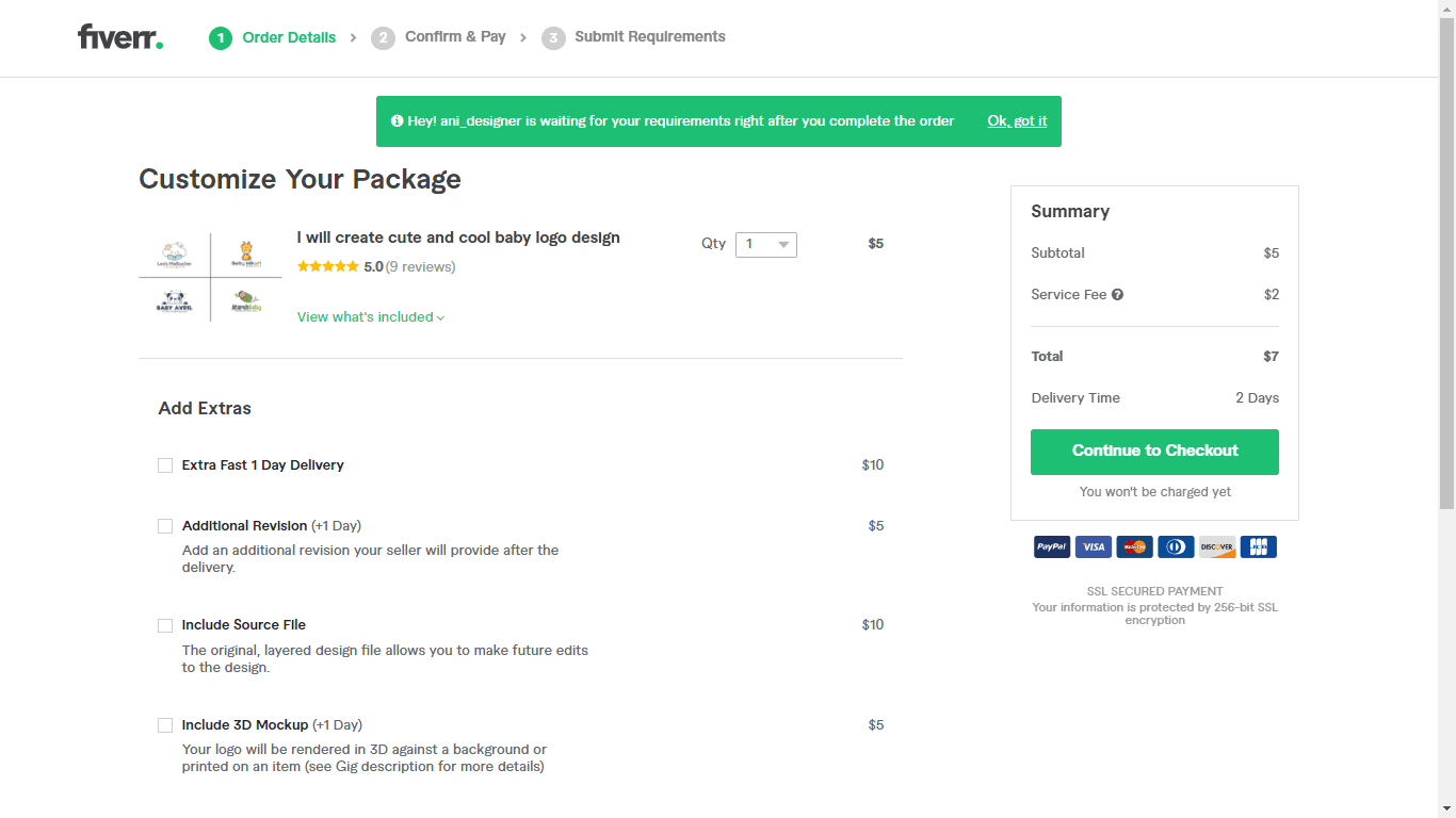 Fiverr screenshot - Continue to Checkout