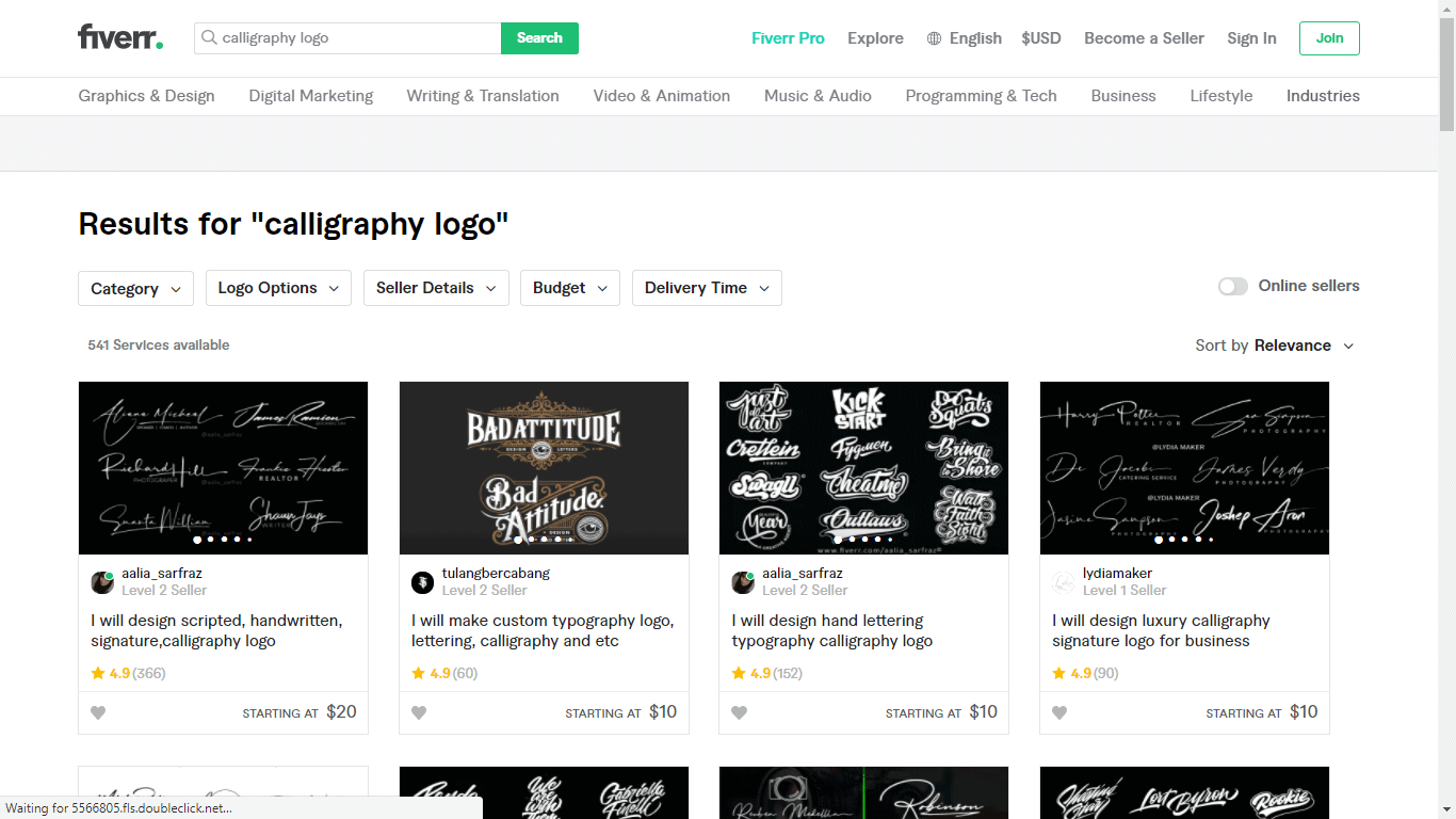 Fiverr screenshot - calligraphy logo designers