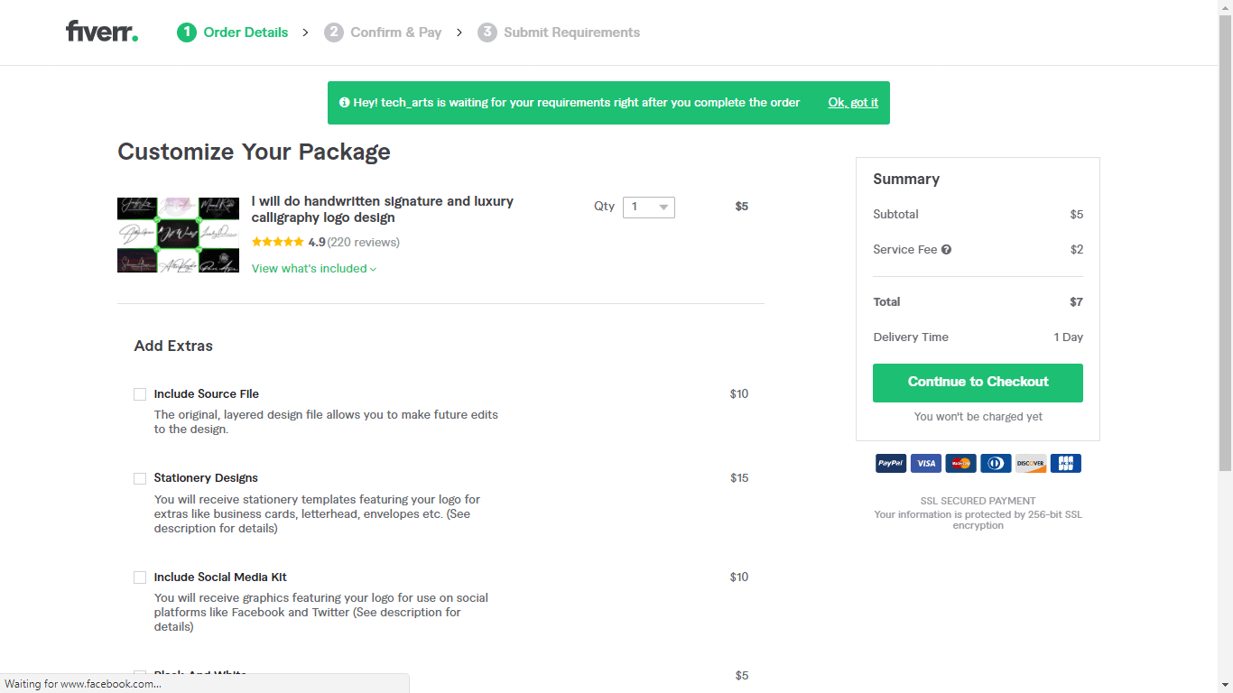Fiverr screenshot - Continue to Checkout
