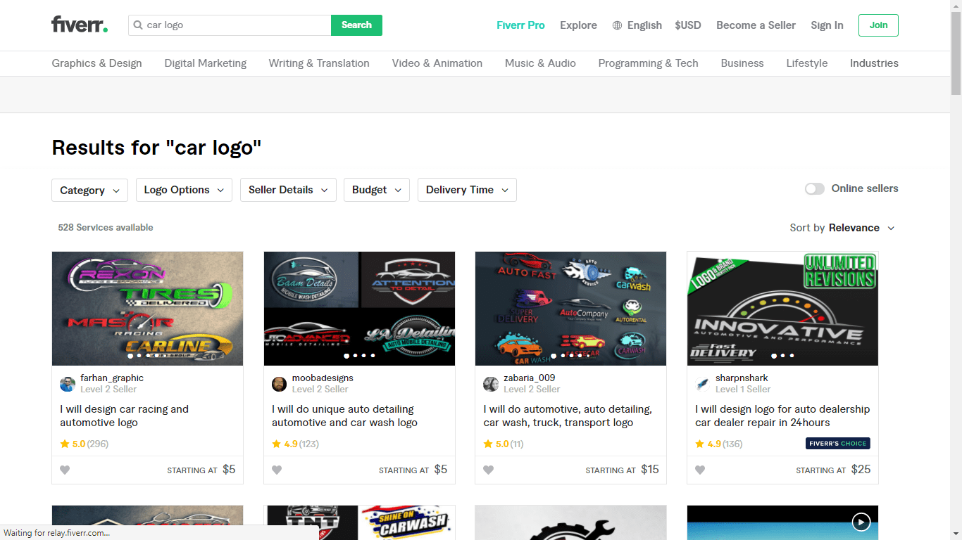 Fiverr screenshot - car logo designers