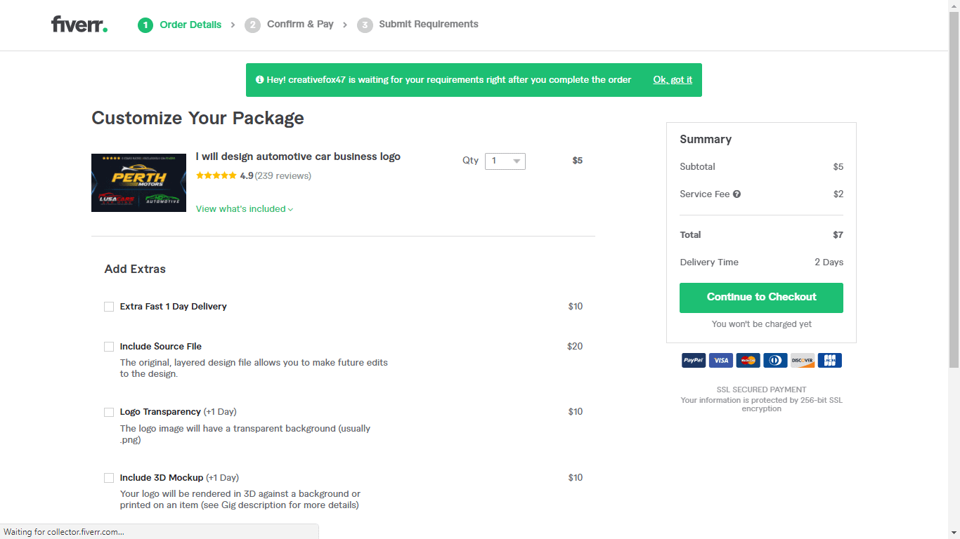 Fiverr screenshot - Continue to Checkout