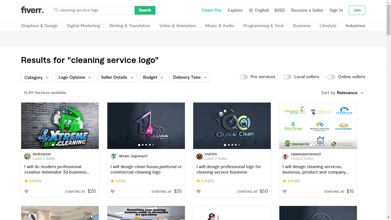 Fiverr screenshot - cleaning service logo designers