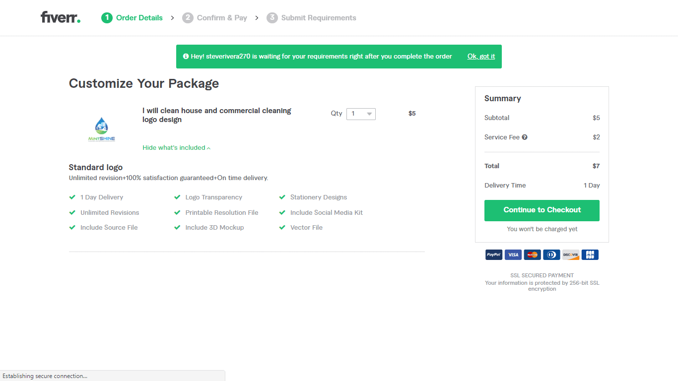 Fiverr screenshot - Continue to Checkout