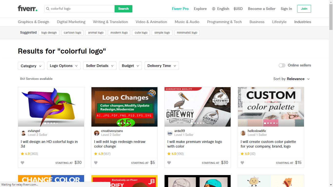 Fiverr screenshot - colorful logo designers