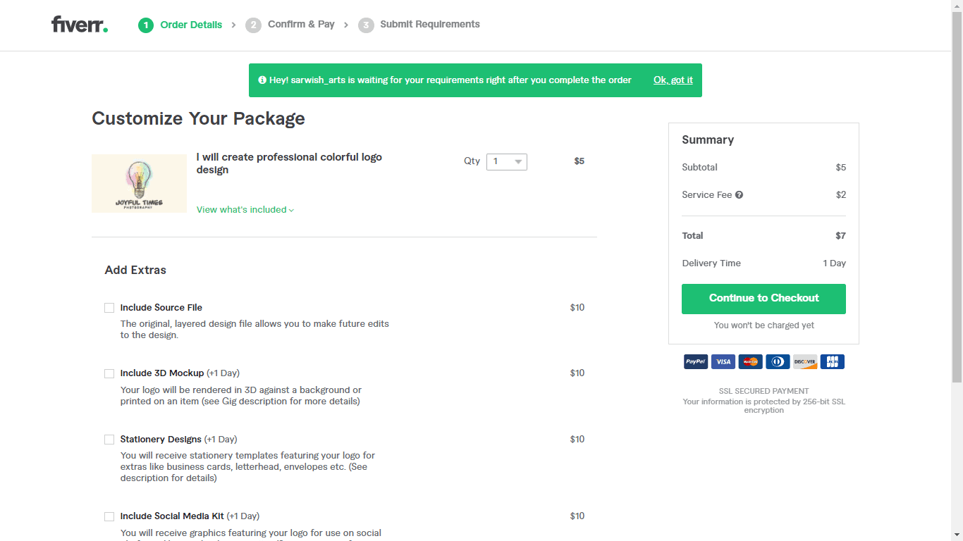 Fiverr screenshot - Continue to Checkout