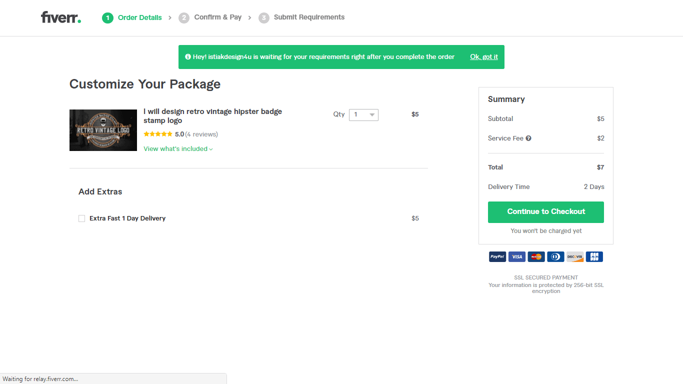 Fiverr screenshot - Continue to Checkout