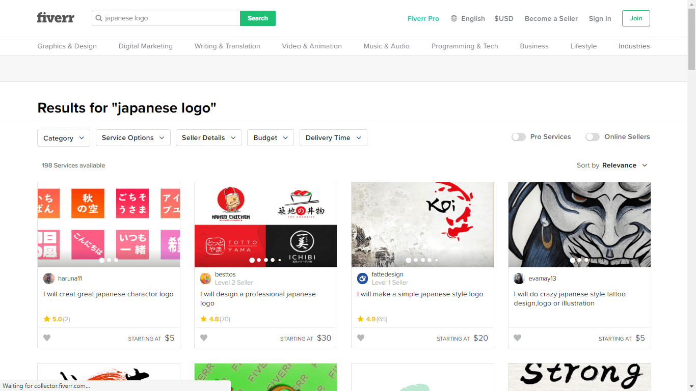 Fiverr screenshot - Japanese logo designers