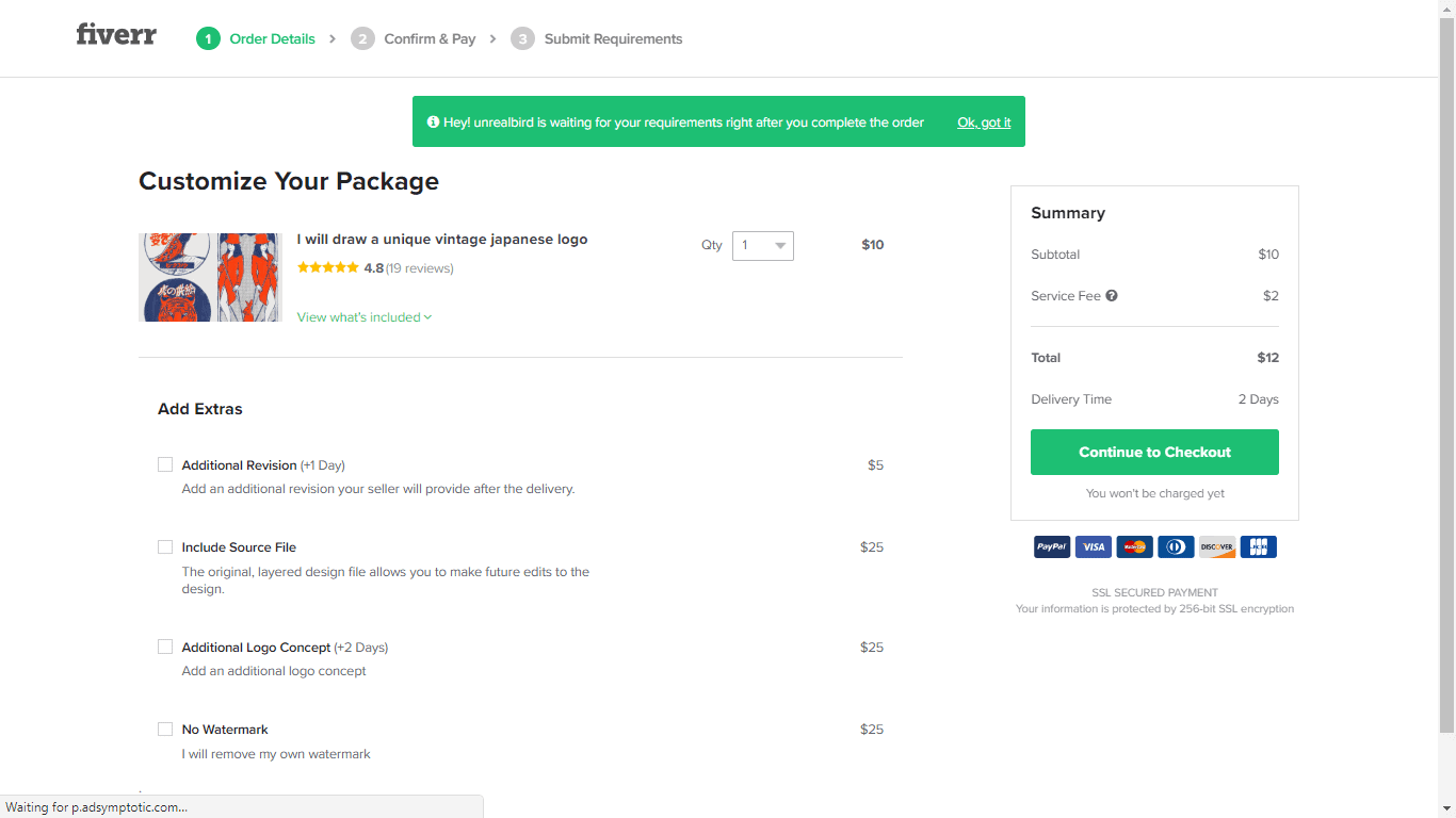 Fiverr screenshot - Continue to Checkout