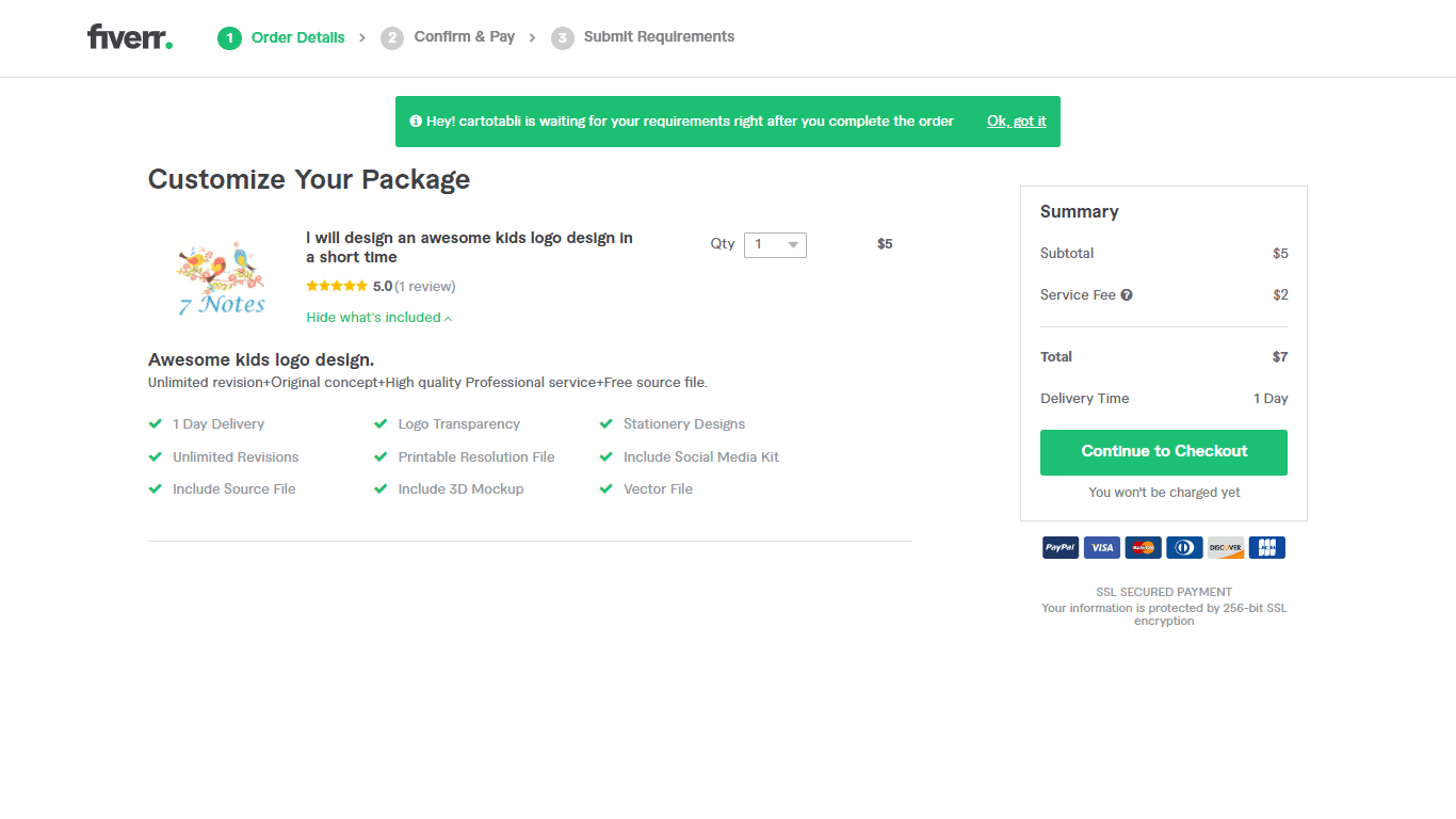 Fiverr screenshot - Continue to Checkout