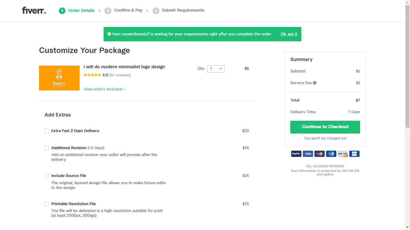 Fiverr screenshot - Continue to Checkout