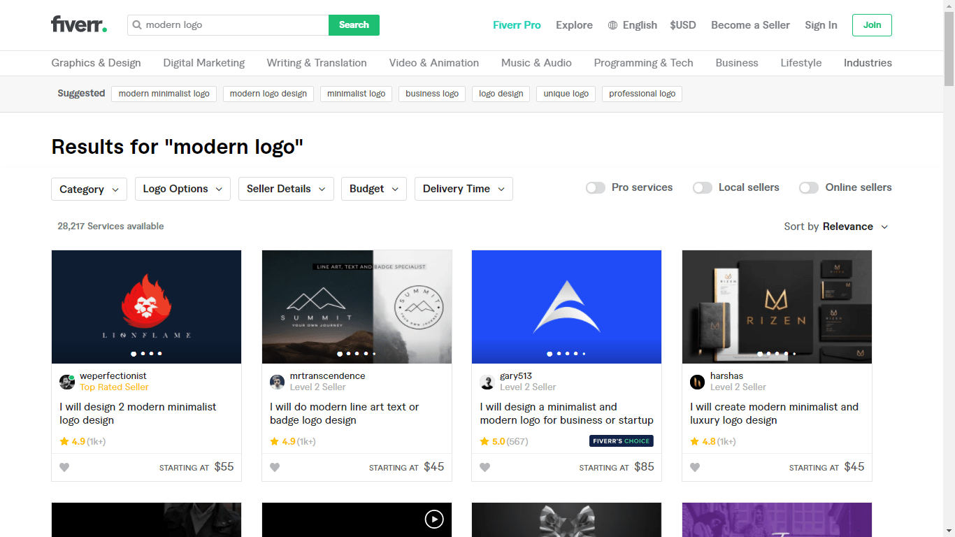 Fiverr screenshot - modern logo designers