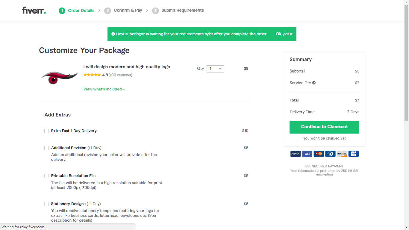 Fiverr screenshot - Continue to Checkout