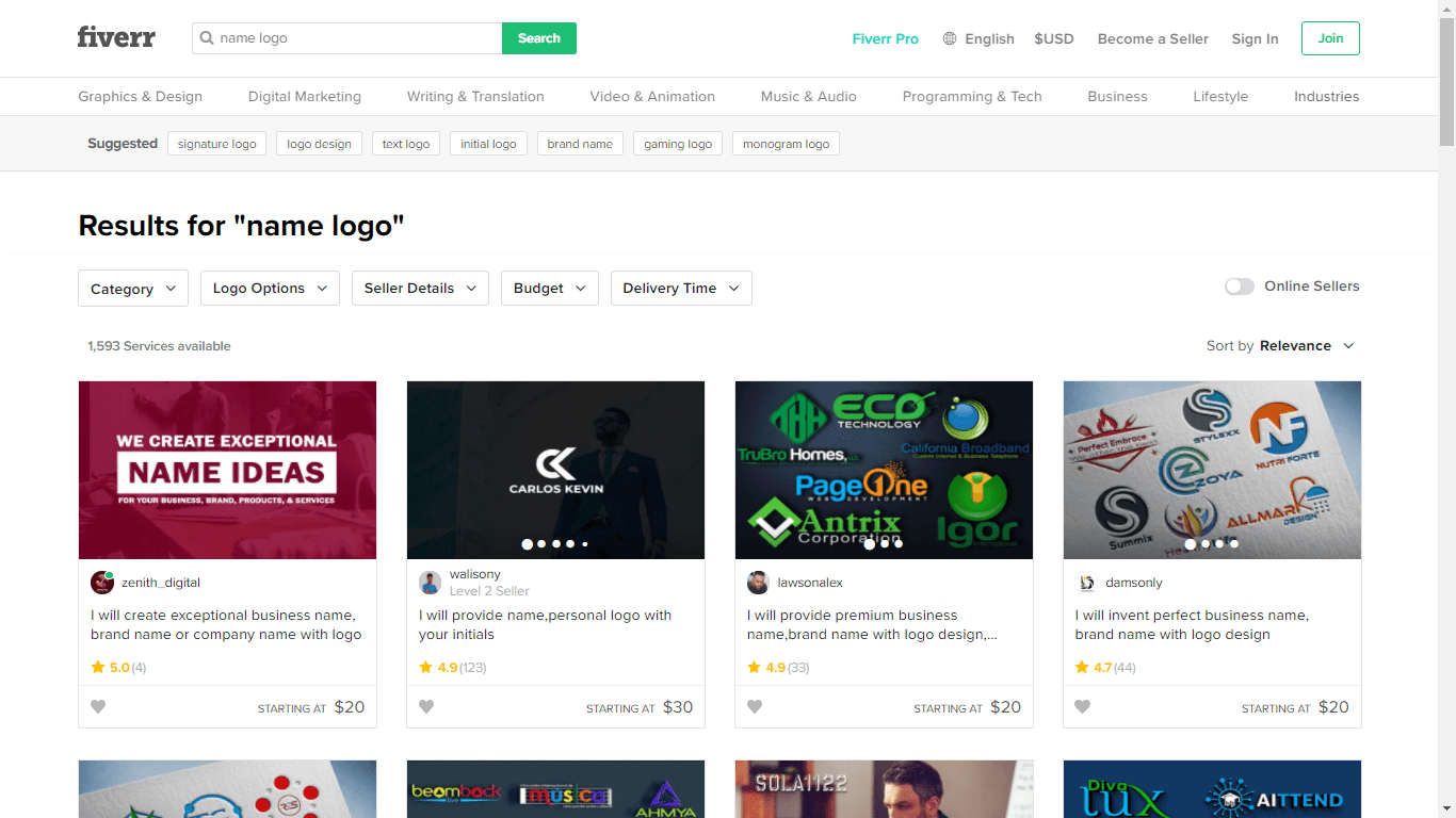 Fiverr screenshot - Name logo designers