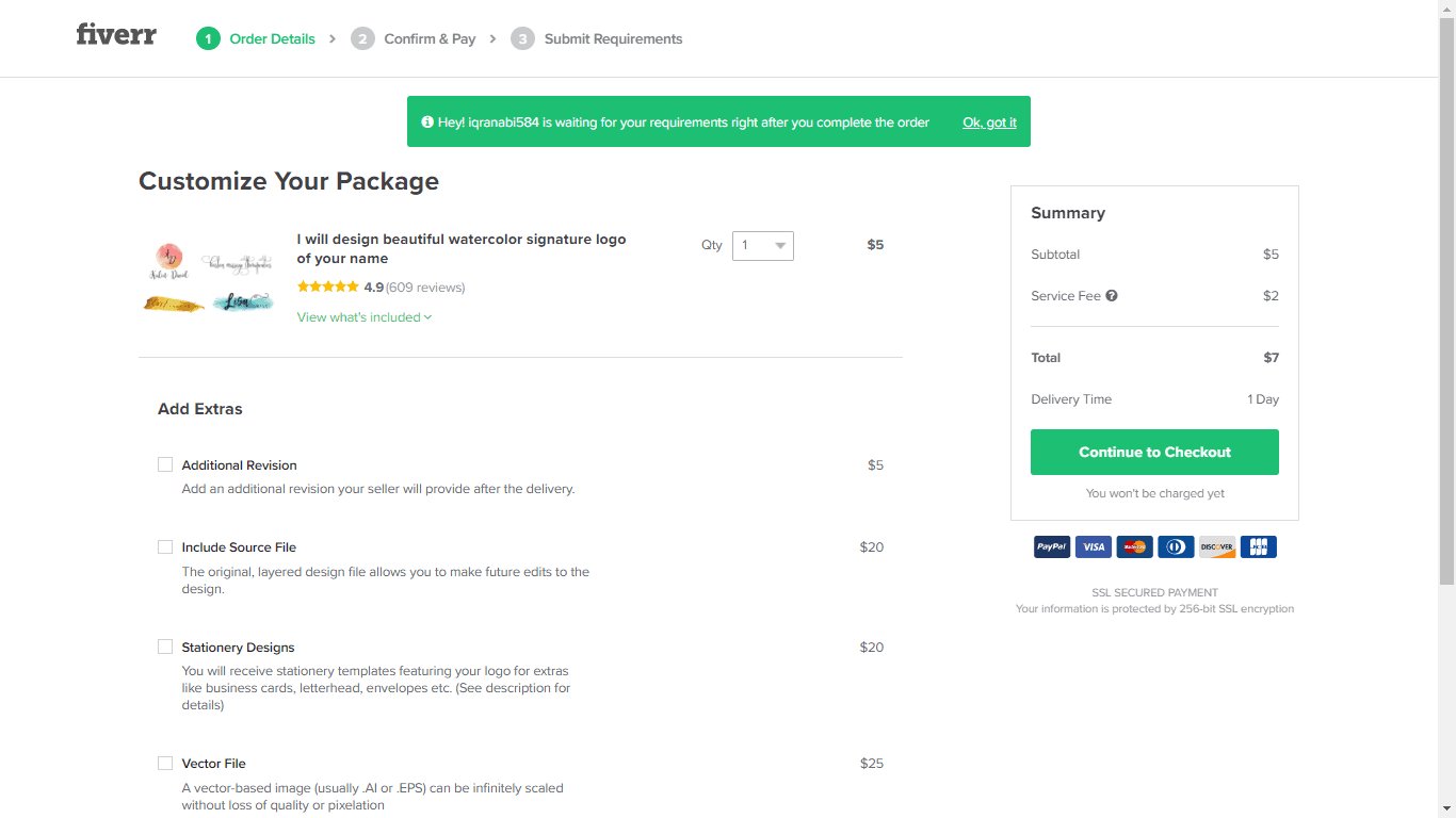 Fiverr screenshot - Continue to Checkout