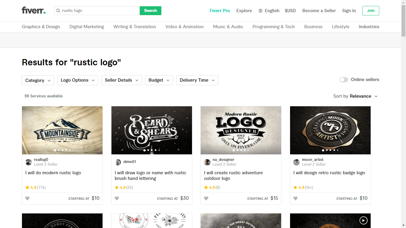 Fiverr screenshot - rustic logo designers