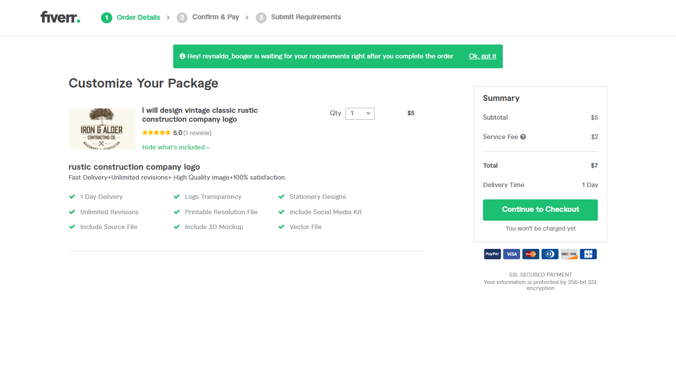 Fiverr screenshot - Continue to Checkout