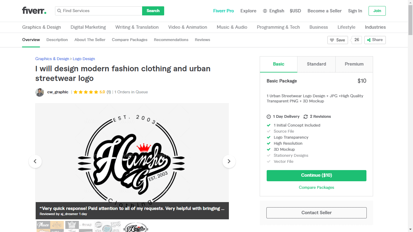 Fiverr screenshot - Package overview
