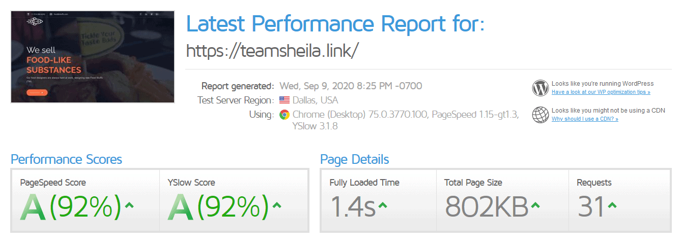 GTmetrix performance report