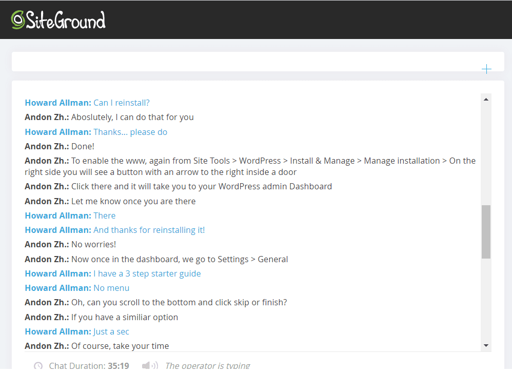 SiteGround support – live chat 2