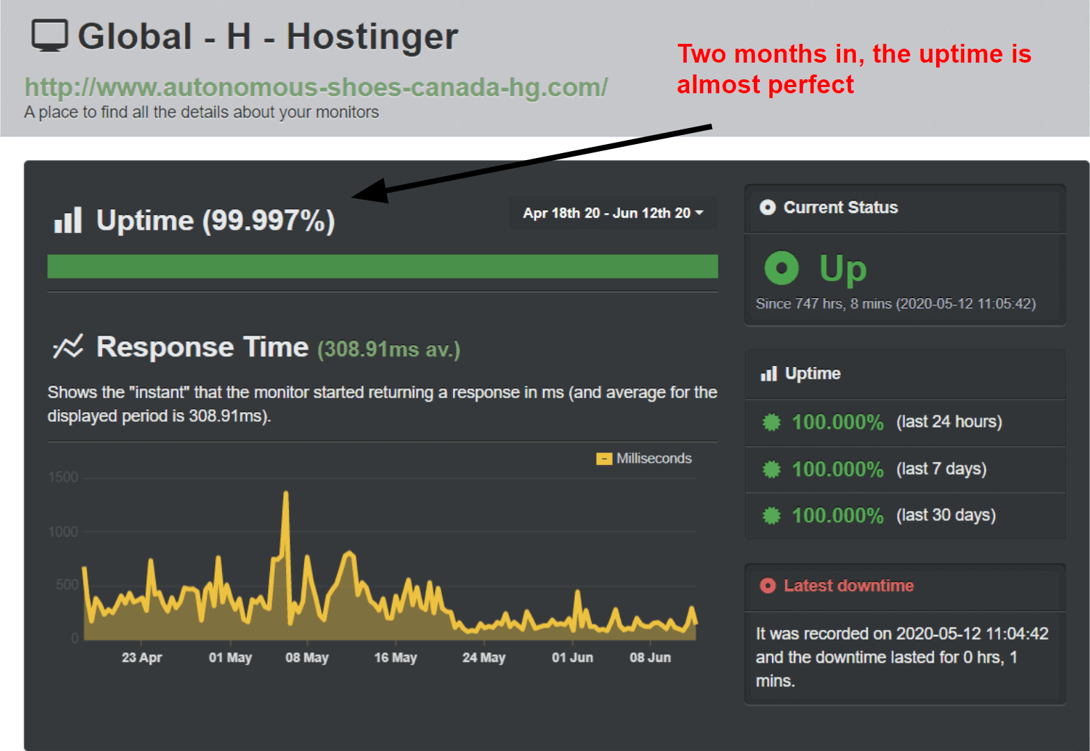 Hostinger's UptimeRobot test results