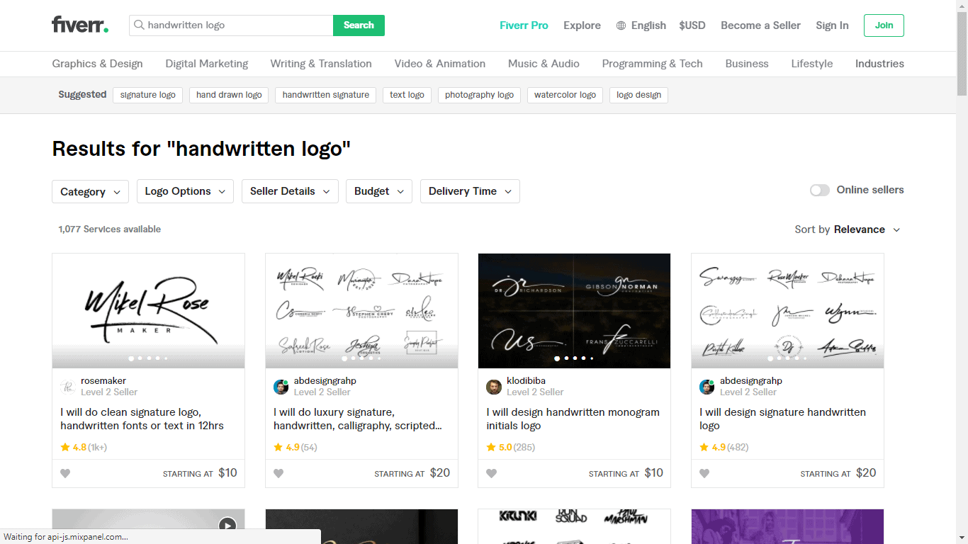 Fiverr screenshot - handwritten logo designers