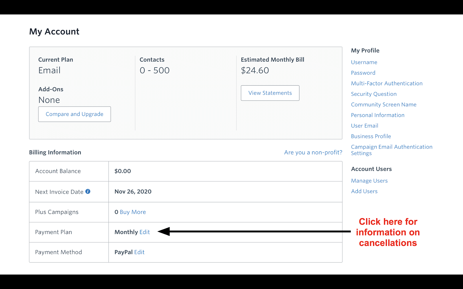 Constant Contact My Account page