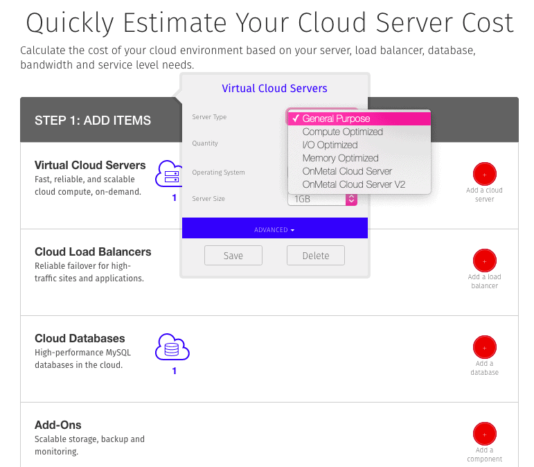 Rackspace’s cloud server cost estimation tool