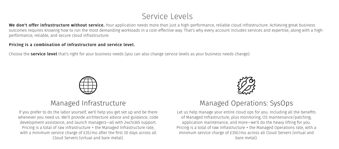 Service levels offered by Rackspace