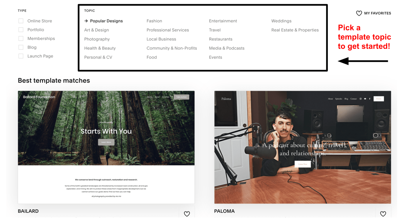 Squarespace - 17 template topics