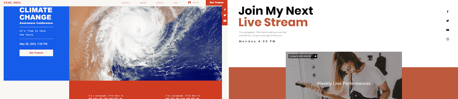 Wix templates to avoid: Climate change conference and live music stream