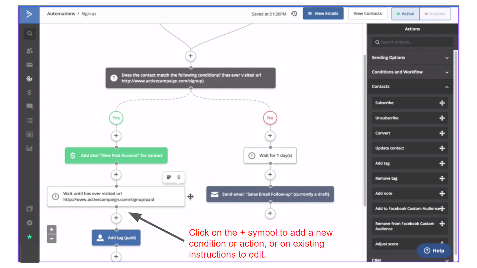 ActiveCampaign automation workflow editor.