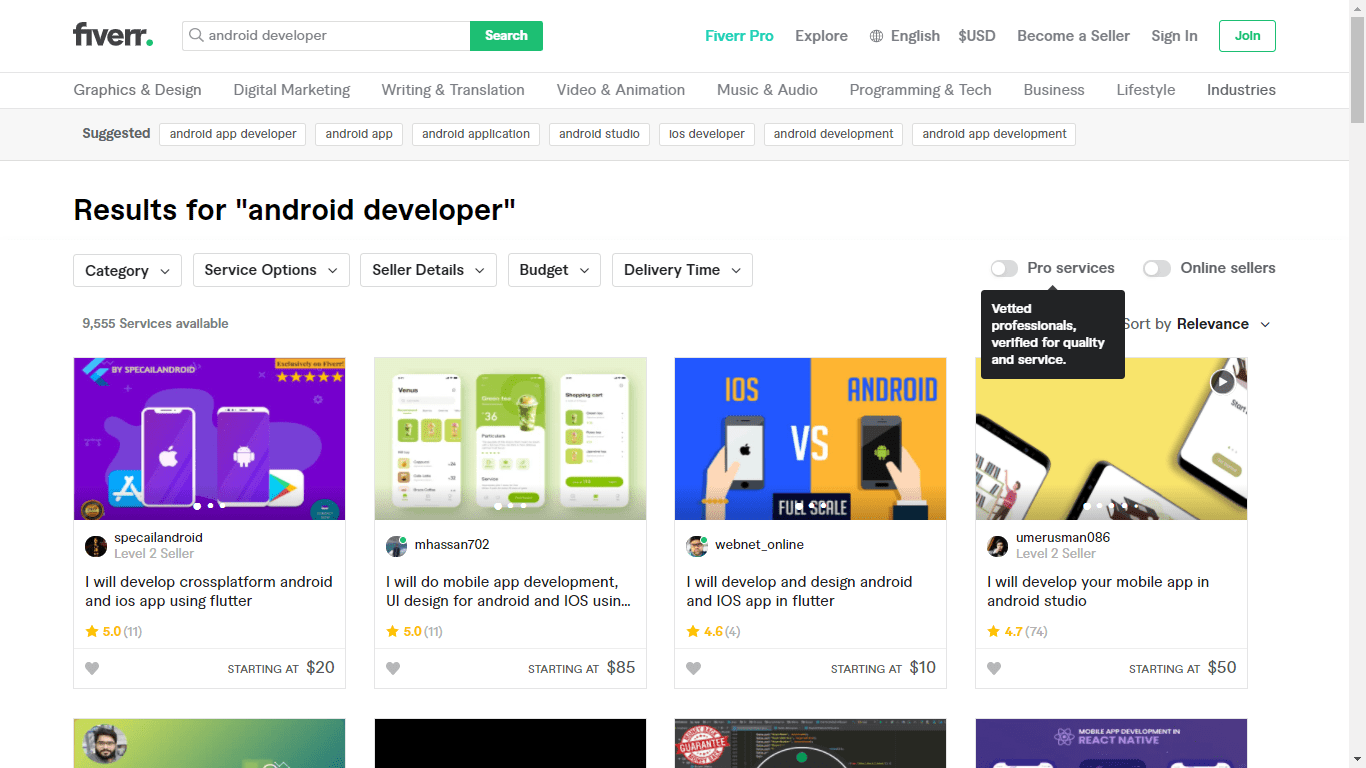 Fiverr screenshot - search results for 'android developer'