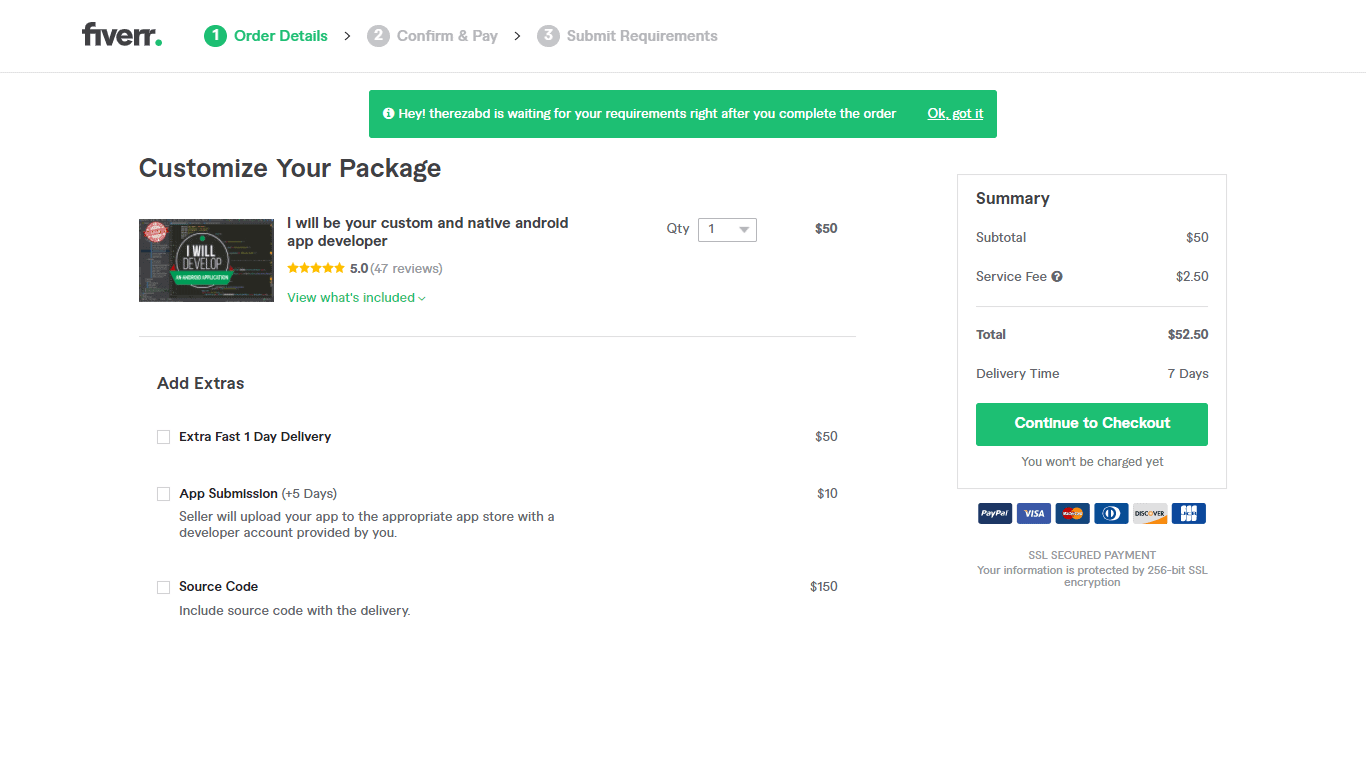 Fiverr screenshot - Ordering a package process