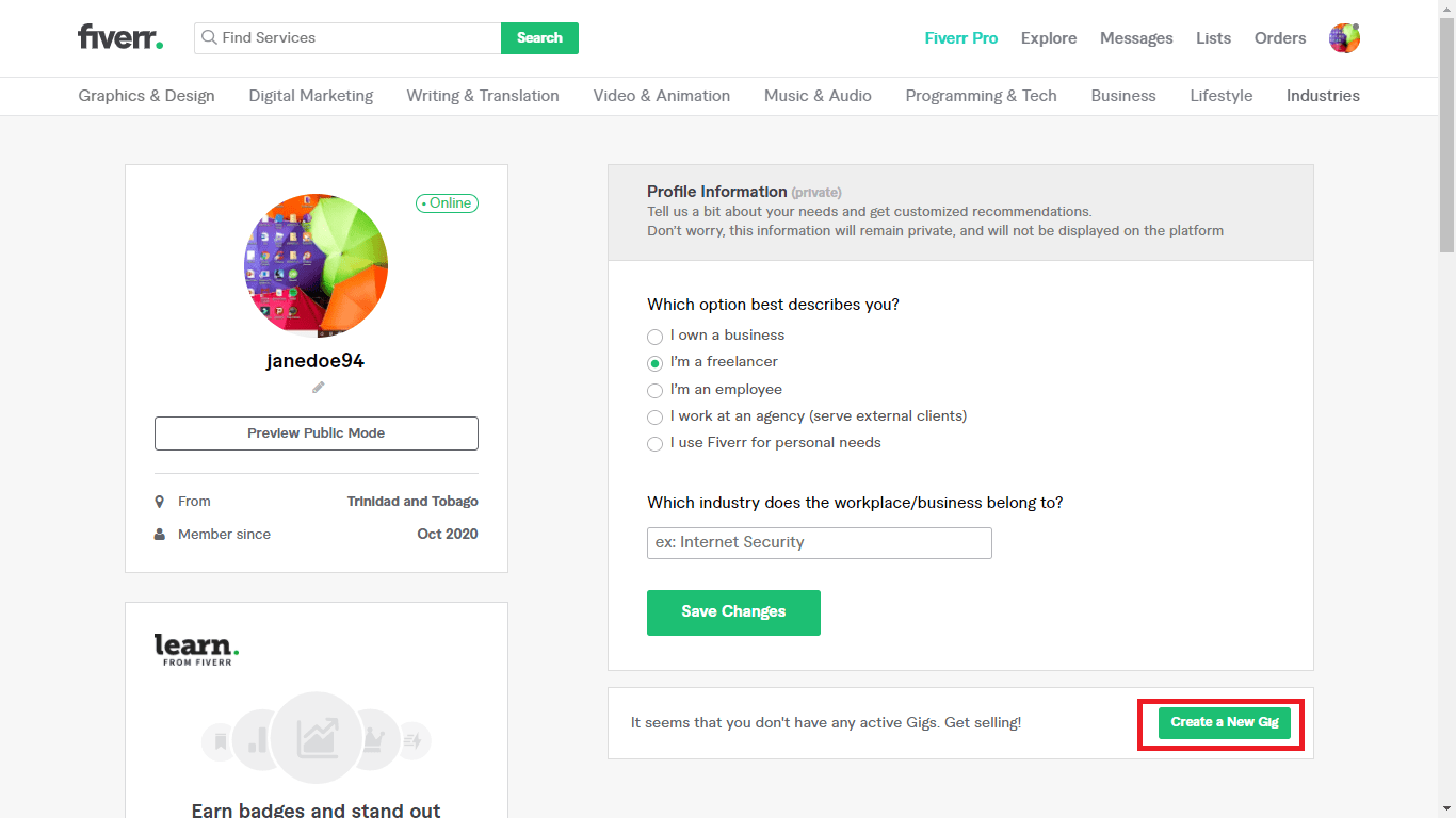 Fiverr screenshot - Profile editing